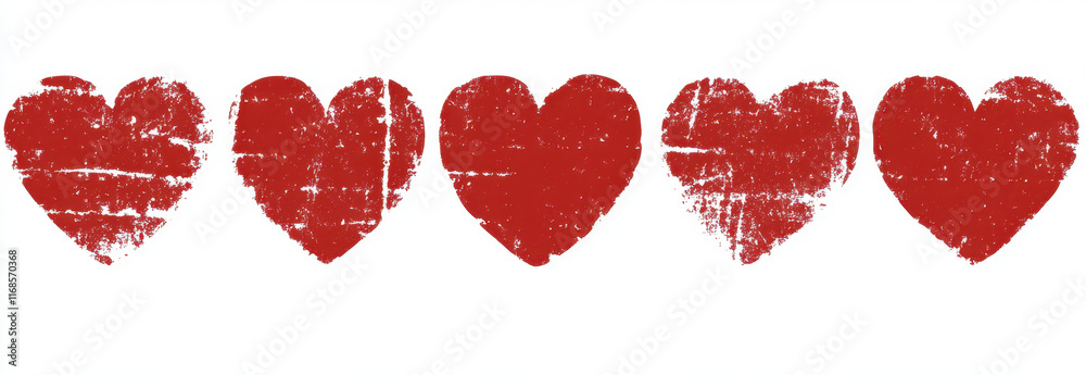 row of playful, hand drawn red hearts with textured appearance, ideal for Valentine Day designs and romantic themes. hearts are evenly spaced on white background row of playful, hand drawn red hearts with textured appearance, ideal for Valentine Day designs and romantic themes. hearts are evenly spaced on white background