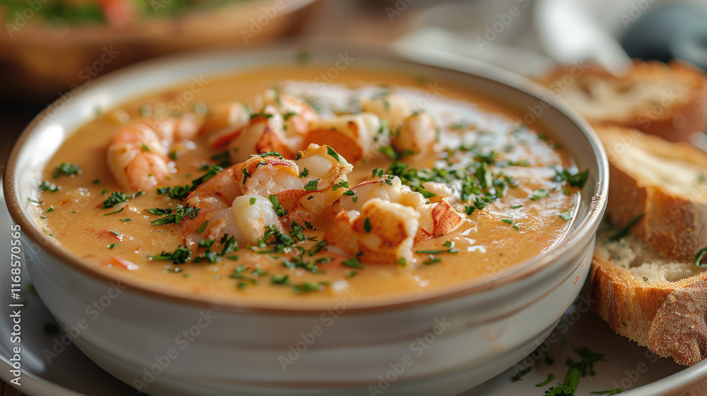 A rich, creamy lobster bisque served with crusty bread. A rich, creamy lobster bisque served with crusty bread.