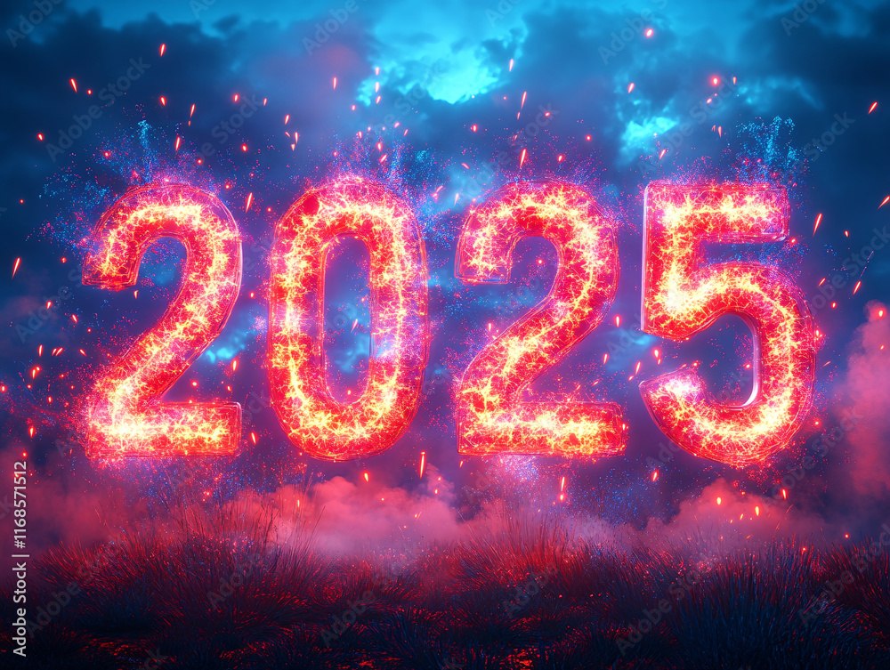 the year 2025 written in bright, sparkling lights, with a festive and celebratory atmosphere. The background is dark, allowing the fiery sparklers to stand out prominently. the year 2025 written in bright, sparkling lights, with a festive and celebratory atmosphere. The background is dark, allowing the fiery sparklers to stand out prominently.