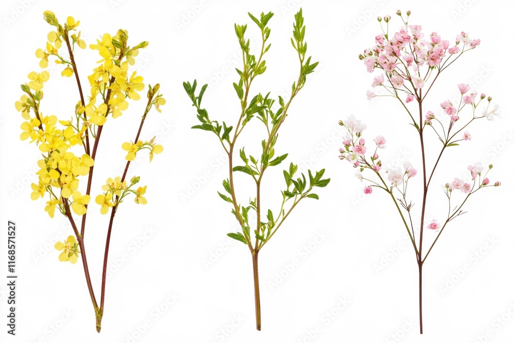 Fresh Floral Arrangement with Yellow, Green, and Pink Sprigs Isolated on White Background Fresh Floral Arrangement with Yellow, Green, and Pink Sprigs Isolated on White Background