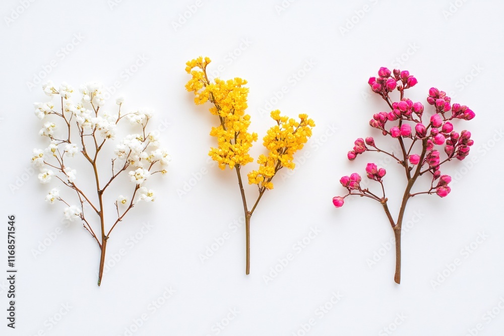 Obraz premium Colorful flower branches on a white background showcasing nature's beauty