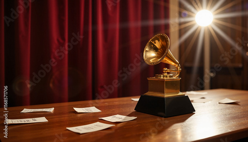 Elegant Grammy trophy on polished table, award ceremony ambiance photo