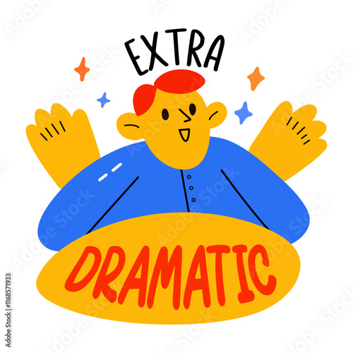 A flat sticker of a character with extra dramatic typography 

