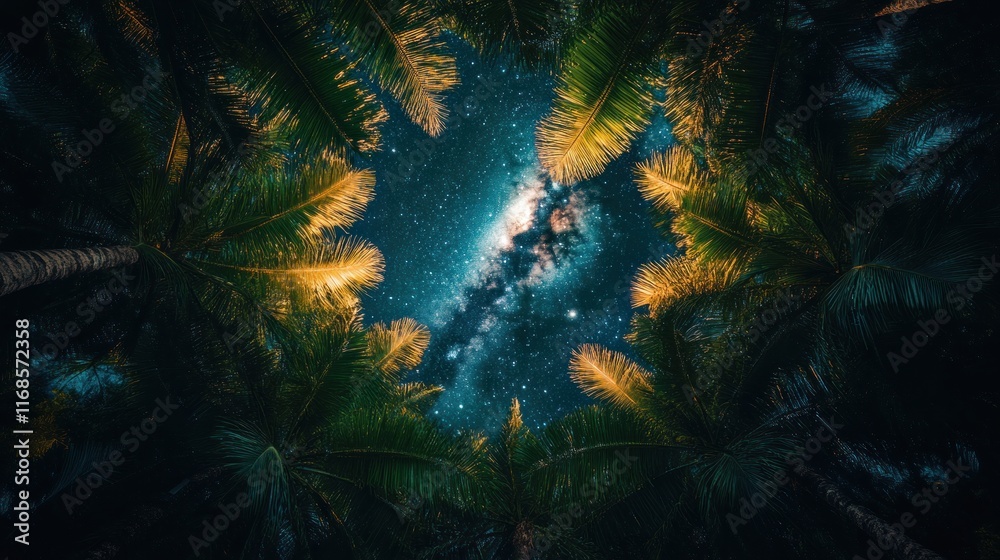 Naklejka premium Milky Way galaxy viewed through palm trees at night.