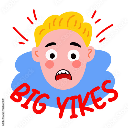A flat sticker of a character with big yikes typography 

