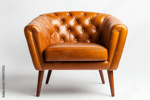Brown leather armchair with button tufting on white background.