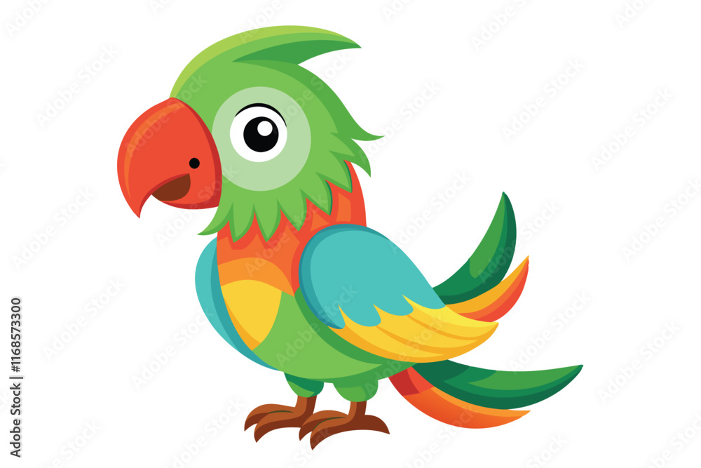 Obraz premium Cute colorful cartoon parrot sitting on a branch in a tropical setting