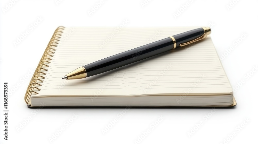 Black pen rests on a blank spiral notebook; isolated on white background. Black pen rests on a blank spiral notebook; isolated on white background.