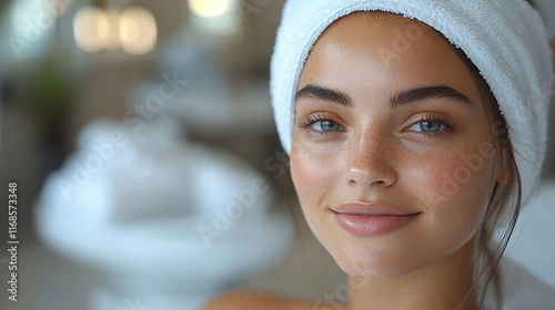 Młoda uśmiechnięta kobieta w spa, tło generative ai