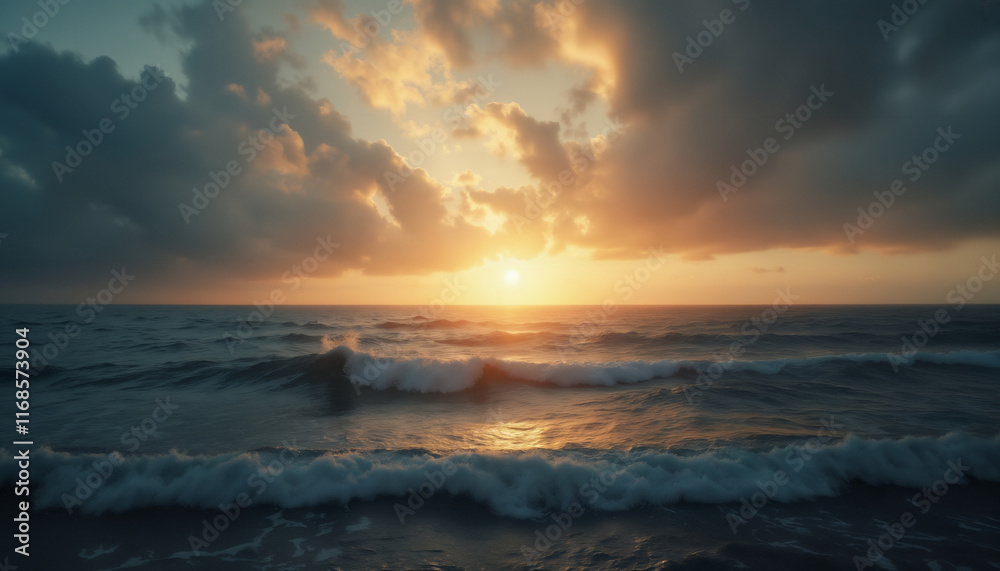 Fototapeta premium an impressive seascape, beautiful waves in the ocean at sunset, the sunlight of the setting sun on the horizon breaking through the clouds of the dramatic sky