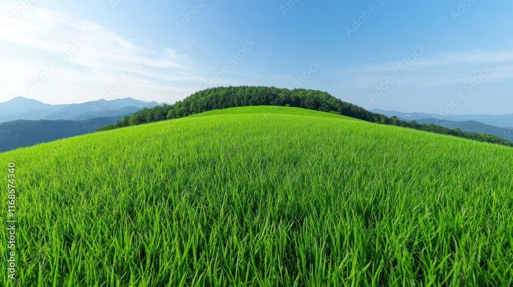 Lush green landscape with rolling hills and blue sky. Lush green landscape with rolling hills and blue sky.