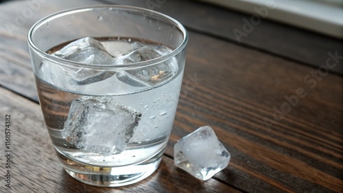 Refreshing Hydration: Glass of Water with Floating Ice Cube                                         