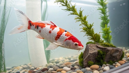 Koi Fish Swimming in Aquarium with Stones and Seaweed                                               