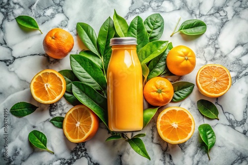 Eco-Friendly Juice Bottle with Orange & Leaves on Marble - Sustainable Packaging Stock Photo photo