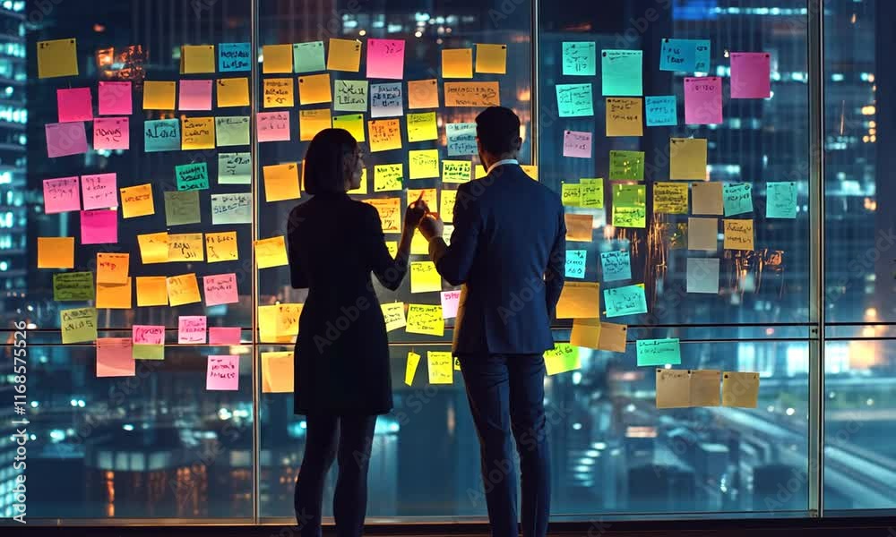 Strategic Planning: Businesspeople reviewing notes on a glass wall at night