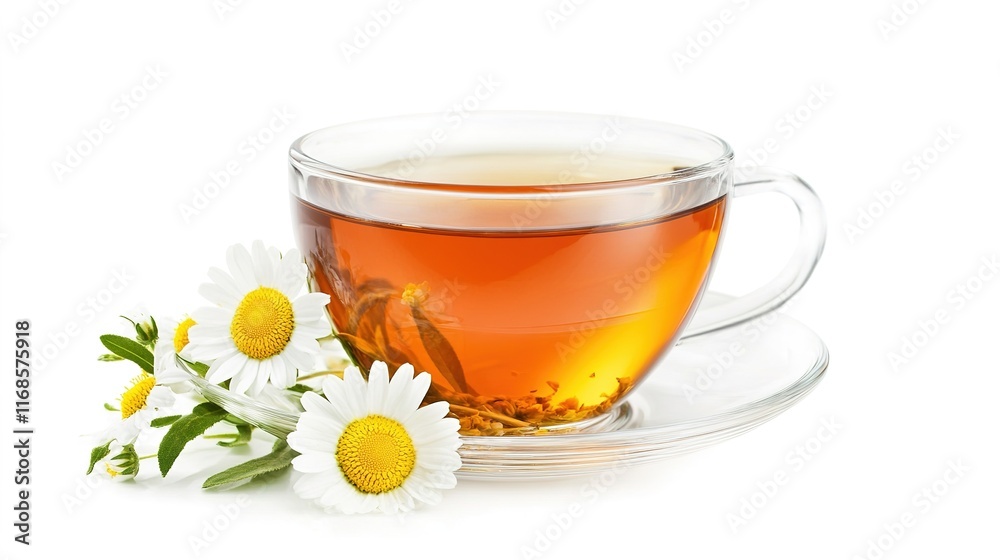 Chamomile with a clear cup of tea on a white Chamomile with a clear cup of tea on a white