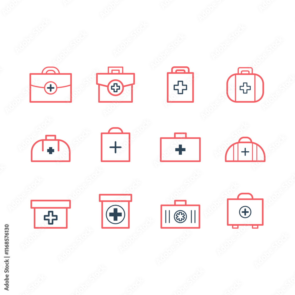 First aid kit, medical bag icons set. First aid kit, medical bag icons set.