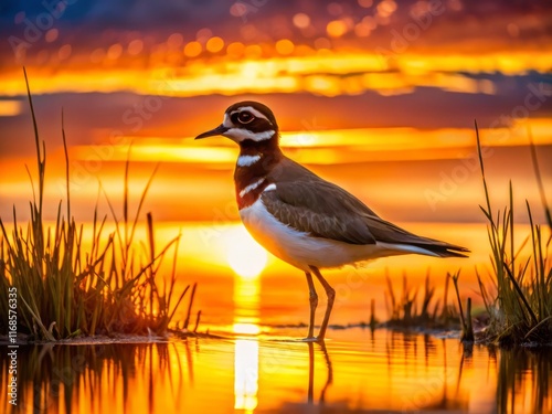 Kildeer Silhouette in Marsh at Sunset - Wildlife Photography photo