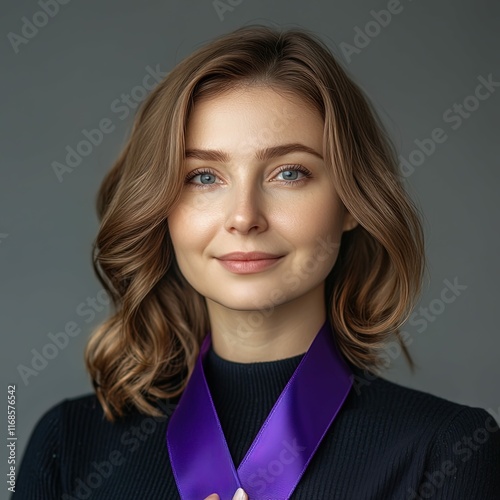 Woman holding purple ribbon against grey background, closeup. World Cancer Day