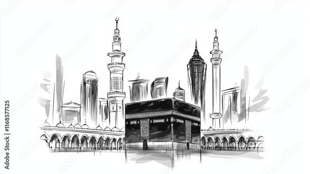 Fototapeta premium Simple Black and White Drawing of Kaaba in Mecca, Minimalistic Ink Sketch