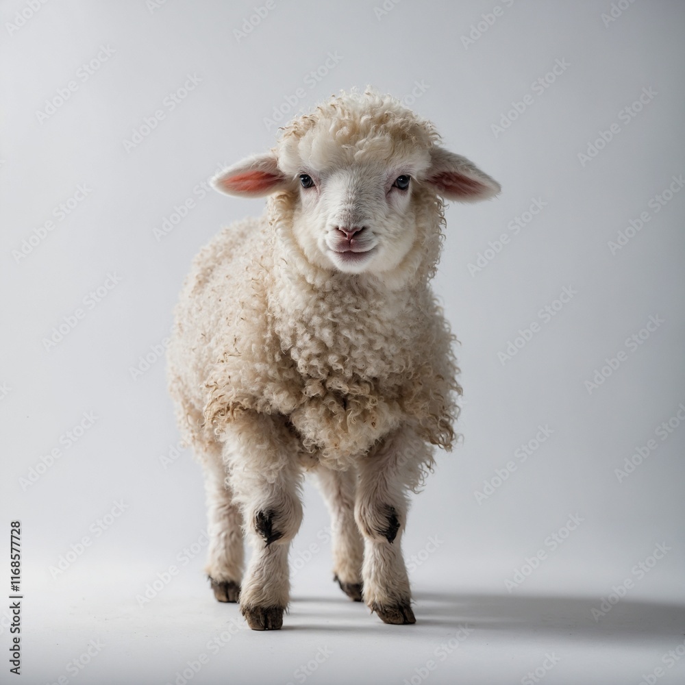 Fototapeta premium A fluffy lamb standing on its tiny legs, looking curious, on a white background.