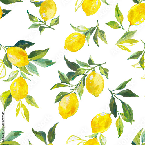 Beautiful seamless pattern with watercolor fresh lemons with leaves and flowers in sunny Mediterranean style. Ready summer print design for wallpapers, wrappings, textile.