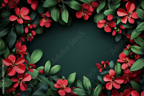 Flowers composition. Frame made of flowers on green background. Flat lay, top view, copy space photo