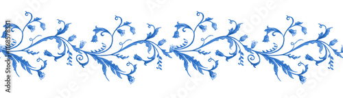 seamless watercolor horizontal monochrome blue floral border with bell flowers