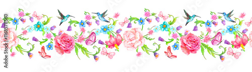seamless watercolor horizontal floral border with butterflies and flowers, hummingbirds