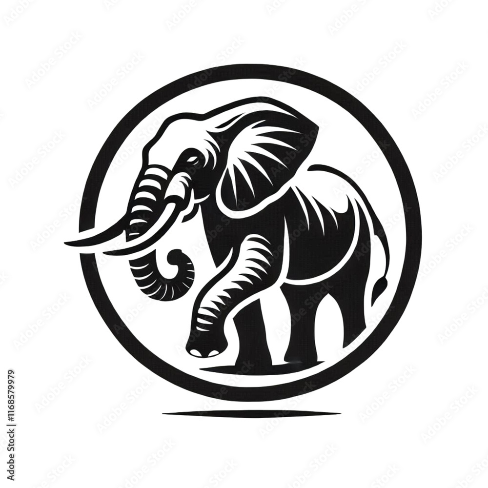 Obraz premium A striking black and white vector illustration of an elephant's head, set within a circular frame. The elephant's detailed features, including its large ears and tusks, convey a sense of power and el