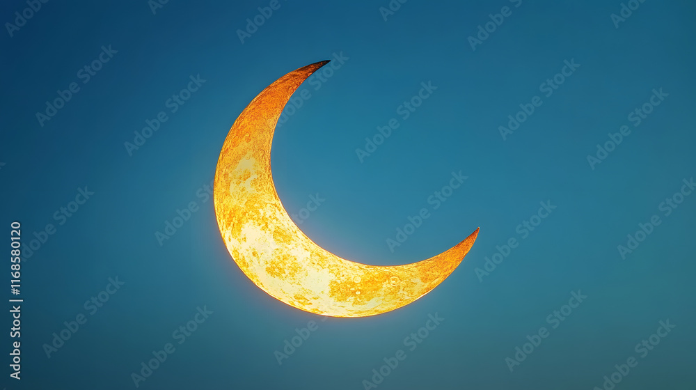 A serene crescent moon glowing brightly against a soft, solid blue background, symbolizing the start of Ramadan A serene crescent moon glowing brightly against a soft, solid blue background, symbolizing the start of Ramadan