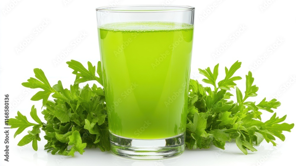 Fresh parsley juice in a glass, surrounded by sprigs of parsley on white background. Fresh parsley juice in a glass, surrounded by sprigs of parsley on white background.