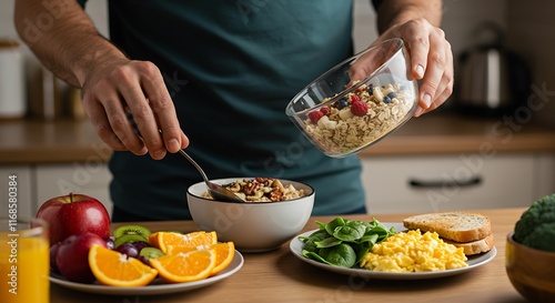 Man Preparing Healthy Breakfast Bowl with Fruit and Eggs in Kitchen