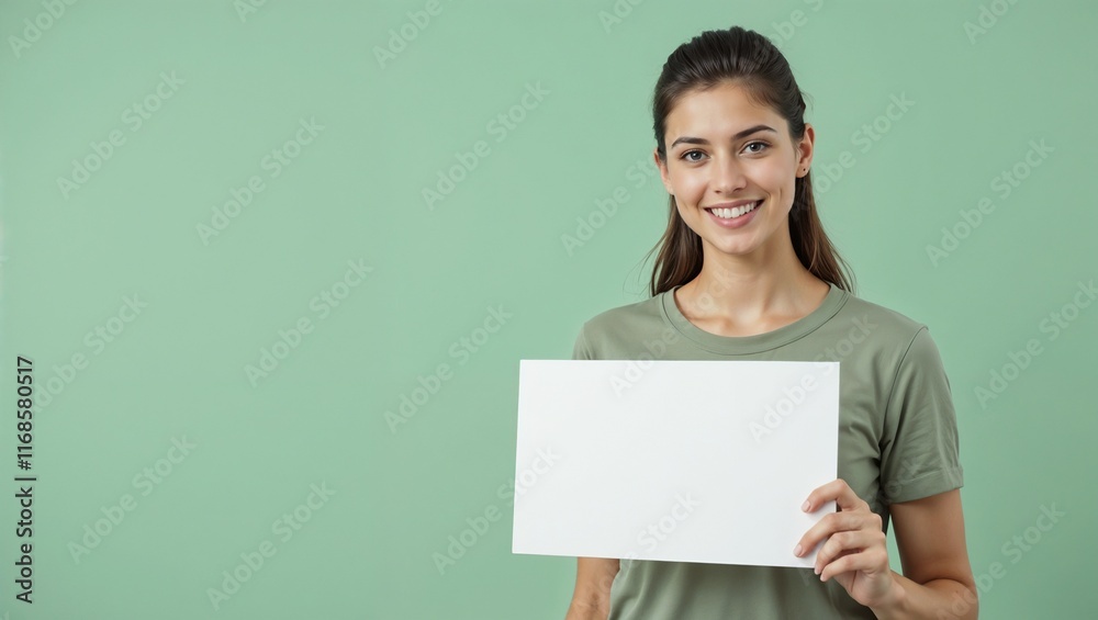 Caucasian woman holding blank white board on green background. Perfect for text template and communication design. Caucasian woman holding blank white board on green background. Perfect for text template and communication design.