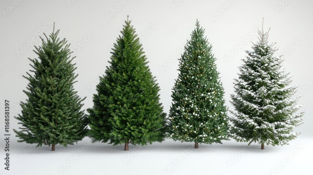 Obraz premium Four evergreen trees, one with snow and lights.