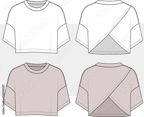 woman round neck top t shirt with asymmetric hem technical drawing, template, flat, sketch, illustration front and back view.