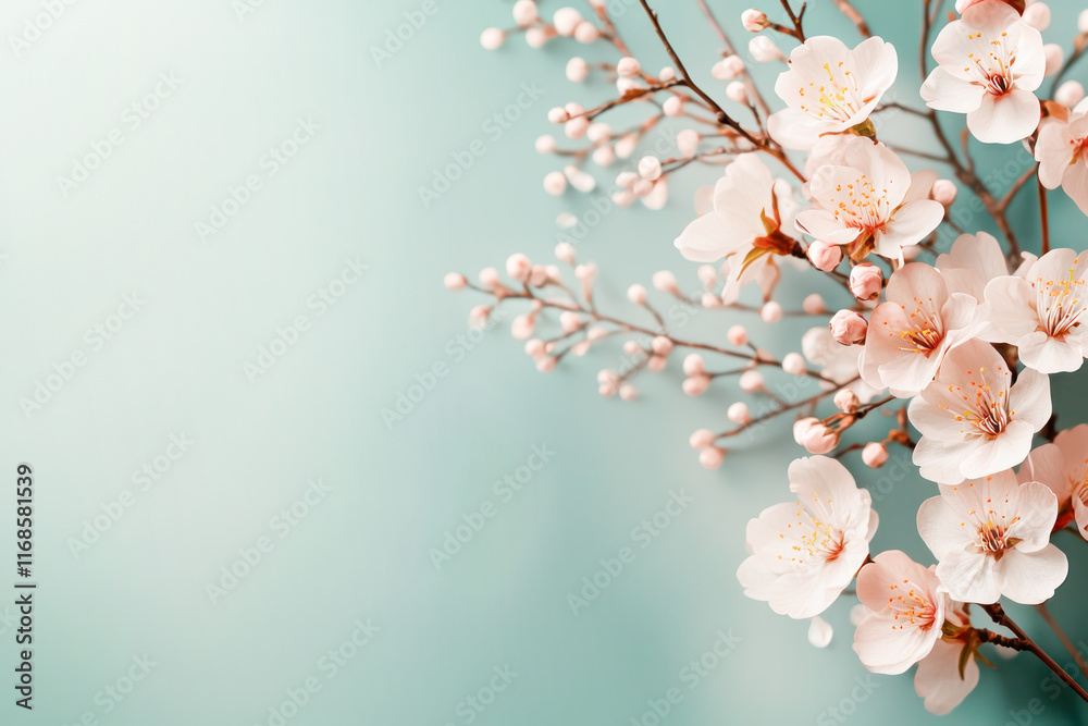 Obraz premium Delicate cherry blossoms with pink flowers and buds on branches against a soft teal background.