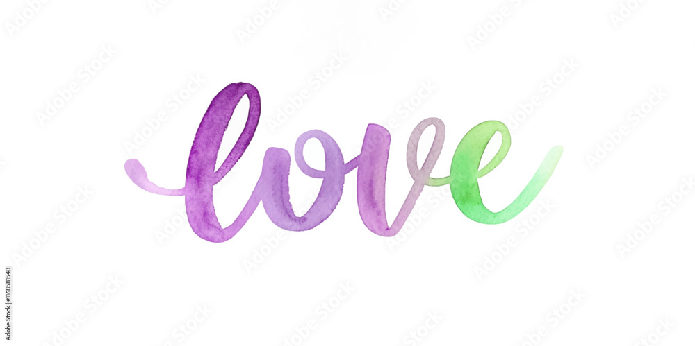 Watercolor love design, vibrant purple green hues, artistic lettering, romantic decor, expressive typography. Watercolor love design, vibrant purple green hues, artistic lettering, romantic decor, expressive typography.