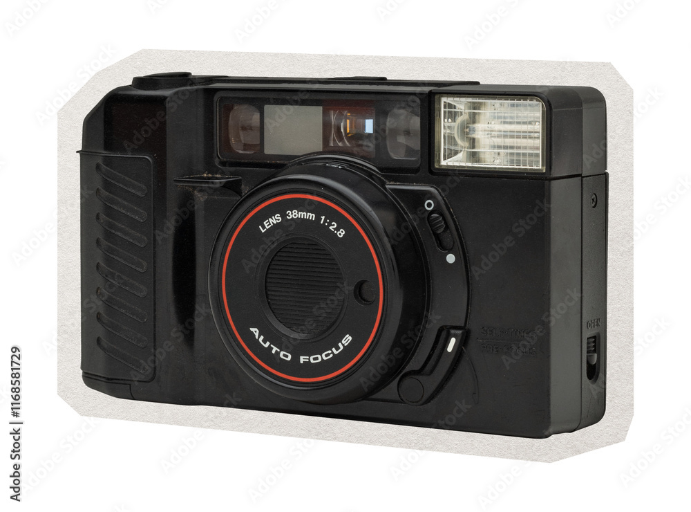 PNG black old camera sticker with white border, transparent background PNG black old camera sticker with white border, transparent background