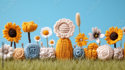 Knitted Flower Garden Spring Crafts Yarn Blooms Crochet Sunflowers Daisy Field