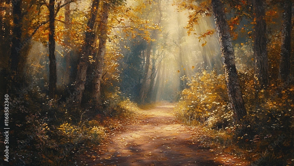 Obraz premium Autumnal Path: A Golden Ray of Sunlight Illuminates a Forest Trail