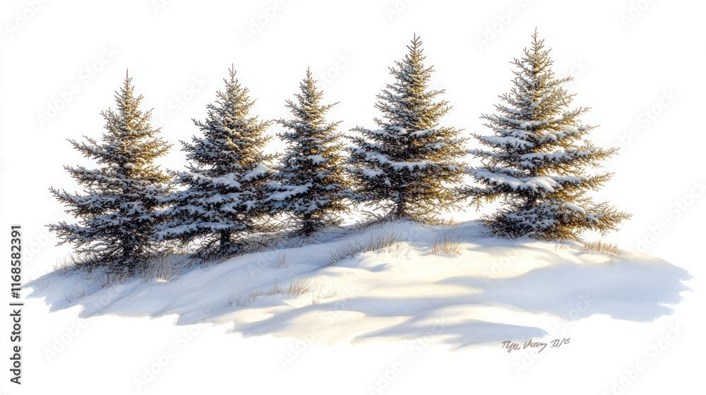 Obraz premium Four snow-covered evergreen trees on a snowy hill against a white background.