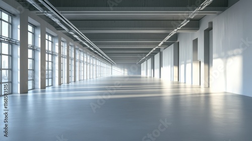 Sunlit empty industrial warehouse interior with large windows and high ceilings.