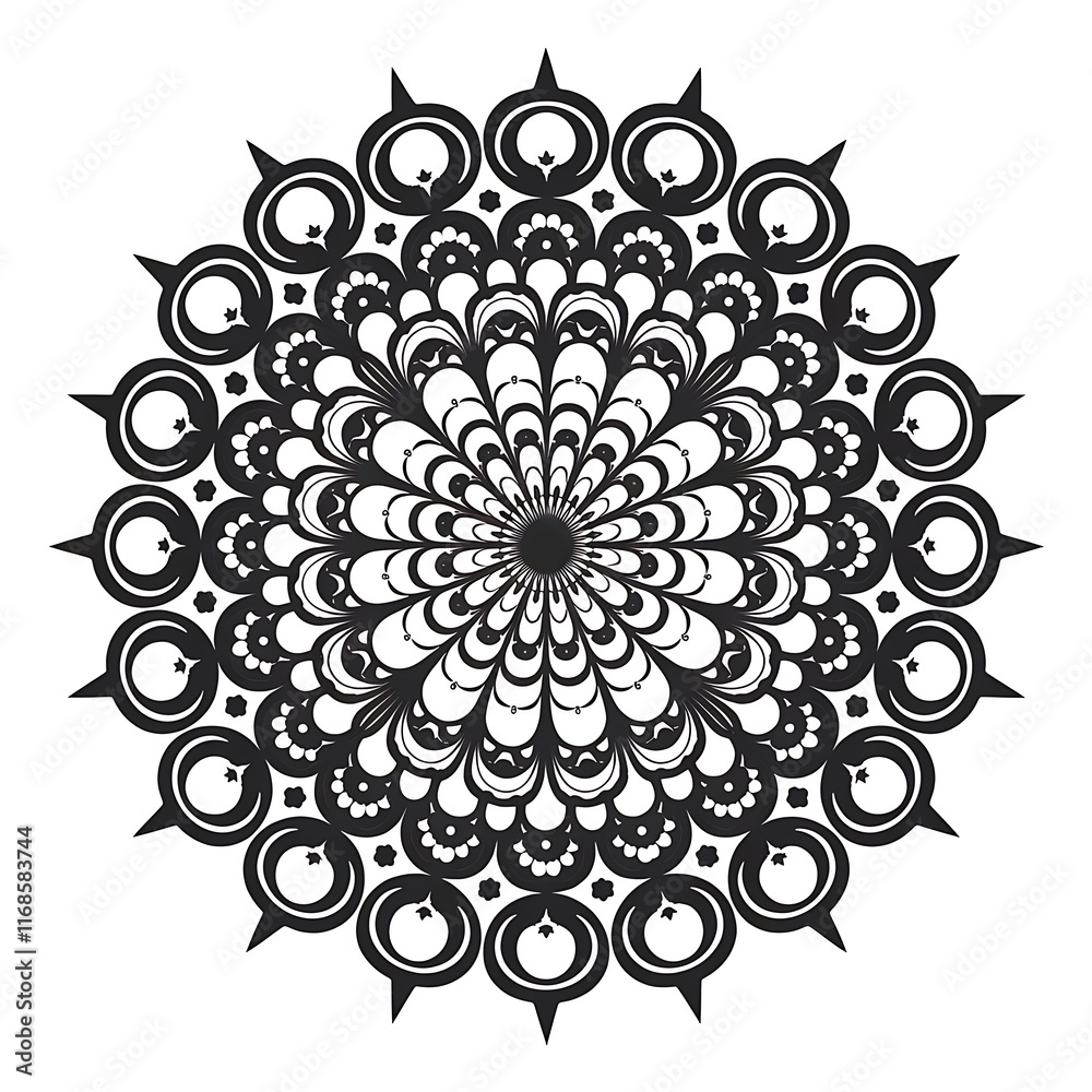 Ornamental Mandala silhouette with starry patterns and layered circles, black on white Ornamental Mandala silhouette with starry patterns and layered circles, black on white