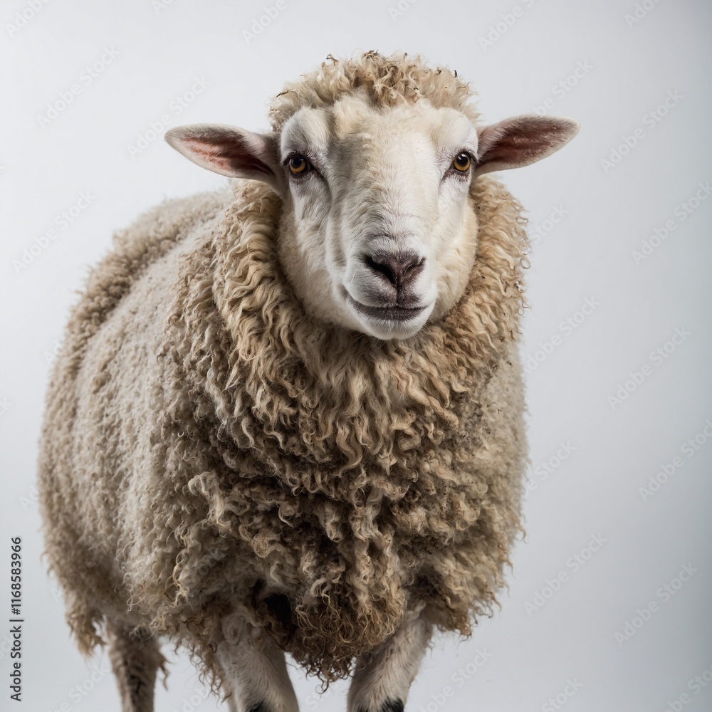 A sheep with a freshly shorn coat, standing gracefully on a white background. A sheep with a freshly shorn coat, standing gracefully on a white background.