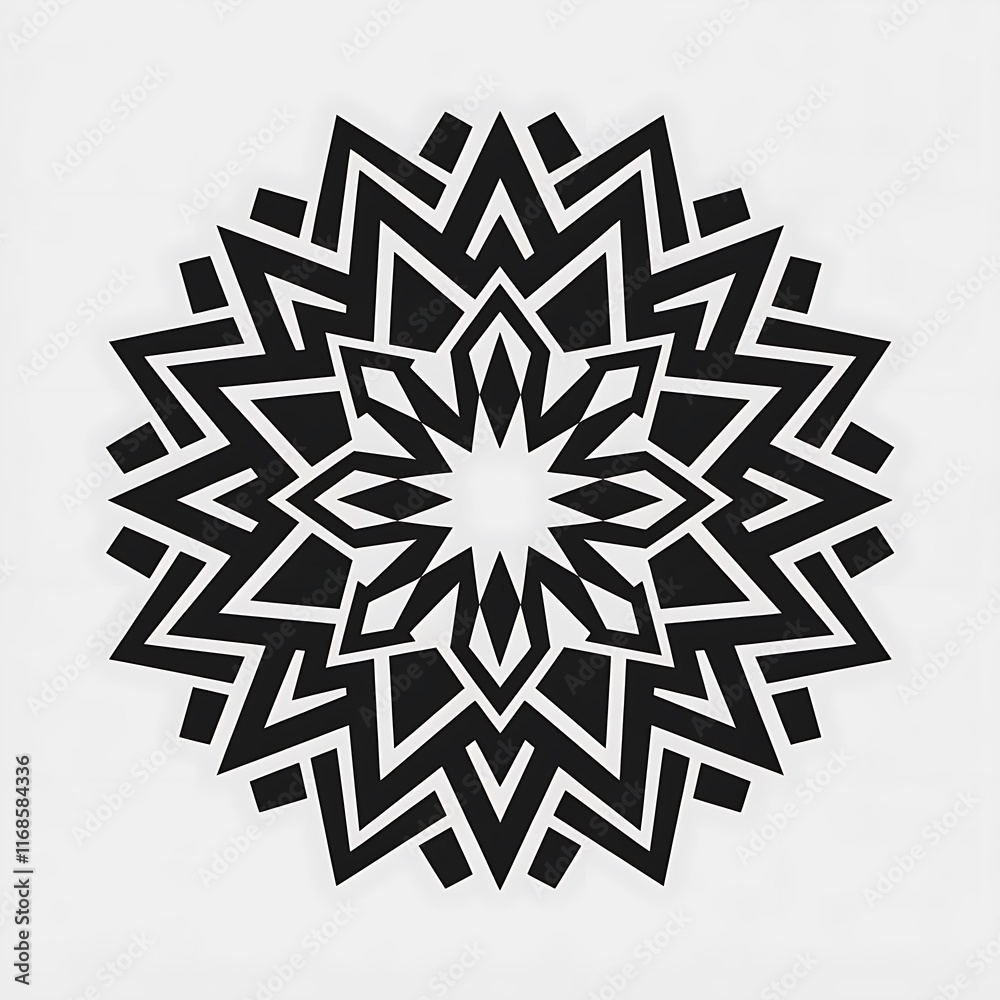 Tribal Mandala silhouette with angular and bold patterns, set on a white background Tribal Mandala silhouette with angular and bold patterns, set on a white background