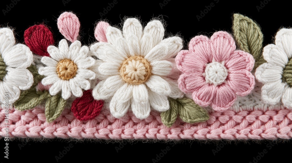 Crochet Flower Border Pink White Daisies Handmade Floral Craft Crochet Flower Border Pink White Daisies Handmade Floral Craft