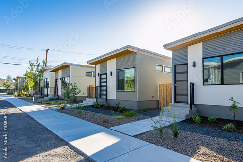 Urban affordable housing, compact multi-story building with a modern facade, small balconies, and a paved courtyard