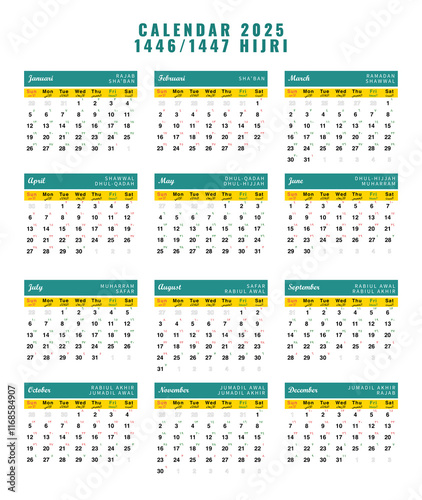 2025 Gregorian and Hijri calendar Template Vector Illustration. Professional and minimalist design ideal for personal, business, or religious 