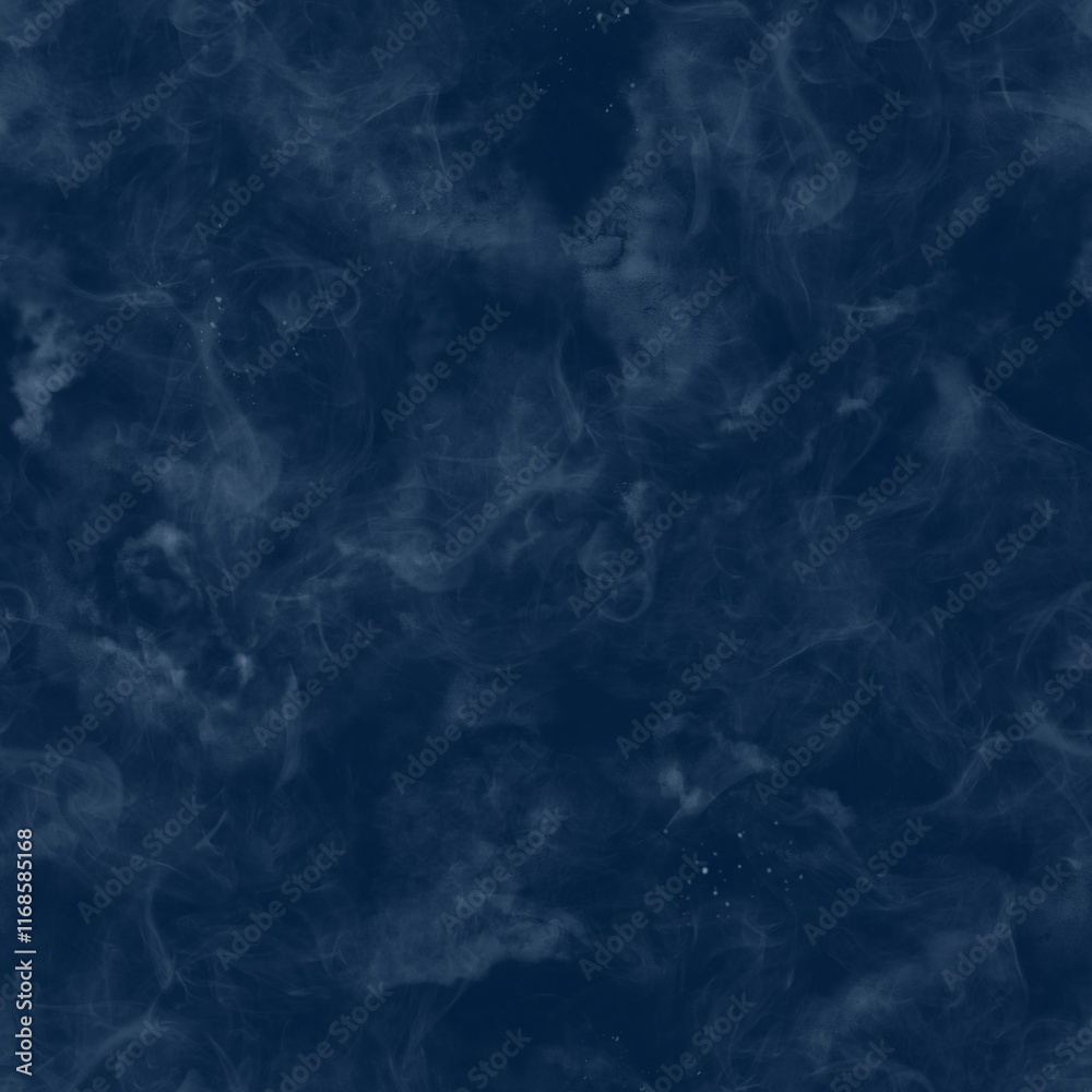 Blue background with light smoke texture. Watercolor digital illustration. Mottled blue background, with marble texture, with light curls of gray smoke.